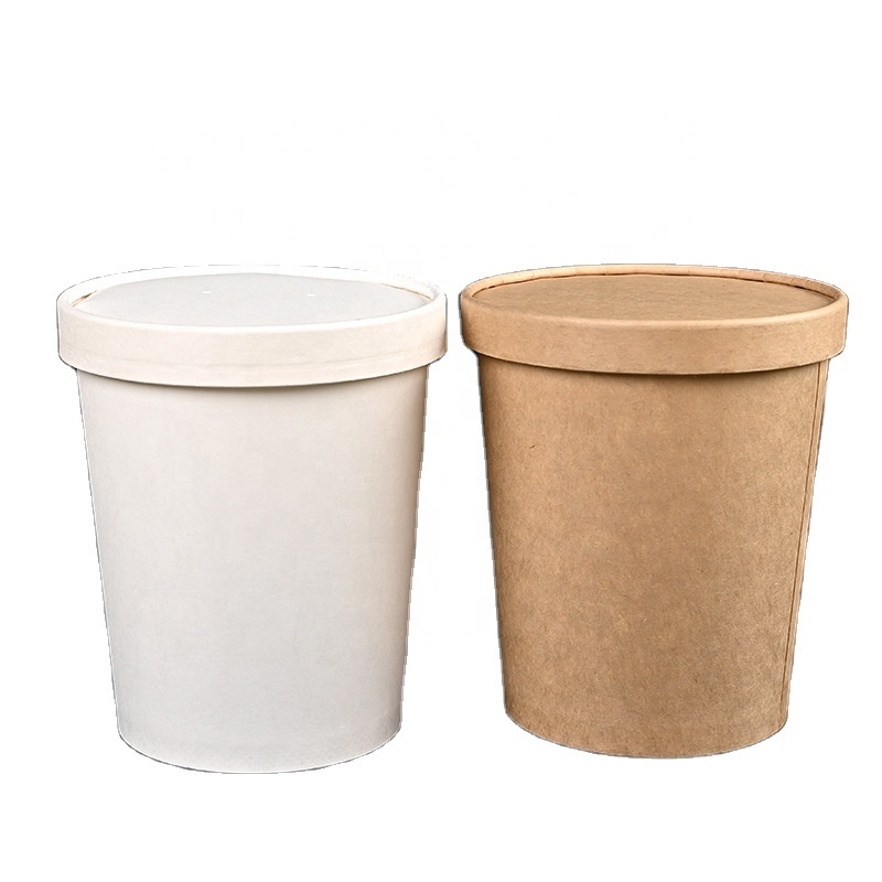 Compostable Ice Cream Packaging Container Paper Cups Kraft White Paper Soup Bowl With PP Paper Lid