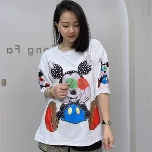Women's T-shirt Round Neck Pullover Top Women's Heavy Industry Beads Loose Short Sleeves Casual Nonwoven Polyester / Cotton