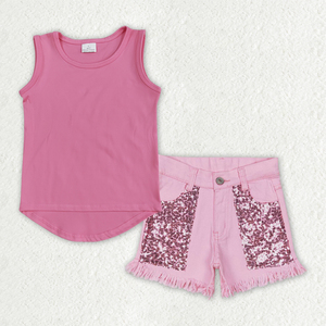 GSSO3758 RTS Ensemble d'été pour petite fille active, haut de yoga rose vif uni, imprimé, tenue en jean à sequins, vente en gros, ensemble short et haut à manches courtes pour enfant - Product Image 1