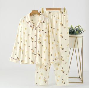 Nouvel ensemble de pyjama femme en gaze double couche printemps/automne, col rabattu, prêt-à-porter, manches longues, 100 % coton - Product Image 3