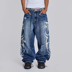 Pantalones vaqueros desgastados de 5 bolsillos para <span class=keywords><strong>hombre</strong></span>, pantalones vaqueros de calle holgados con estampado de <span class=keywords><strong>tatuaje</strong></span> de descarga - Product Image 2