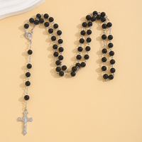 Chapelet de perles noires avec crucifix argenté et médaille de la Vierge Marie, perles de prière catholiques, chaîne à maillons, bijoux cadeau unisexe