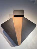 Table basse de designer italien postmoderne créative, en placage de bois de forme géométrique irrégulière, bicolore, avec rangement à deux niveaux