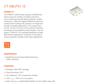 Chip LED SMD OSRAMs FIREFLY CT DBLP31.12 0.046 W, Verde Verdadero 513-545 nm, Regulable, 520 Lm/W para Monitoreo de Salud - Product Image 2