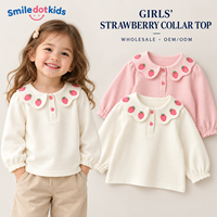 Haut en tricot à manches longues pour filles, col Peter Pan festonné motif fraise, patte de boutonnage, poignets froncés, vente en gros, OEM, ODM, marque privée