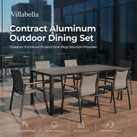 Ensemble de salle à manger de jardin commercial en aluminium, mobilier d'extérieur, table de patio en pierre frittée et chaises empilables à lanières