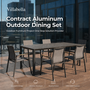 Set da Pranzo per Giardino Commerciale, Mobili da Esterno in Alluminio, Tavolo in Pietra Sinterizzata <span class=keywords><strong>e</strong></span> <span class=keywords><strong>Sedie</strong></span> Impilabili con Seduta in Tessuto - Product Image 1