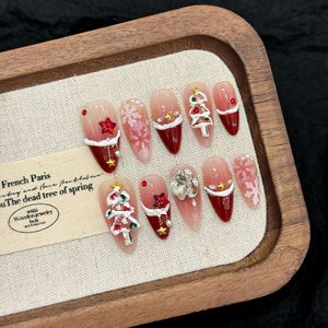 10 <span class=keywords><strong>Uñas</strong></span> Postizas Acrílicas Hechas a Mano con Diseño <span class=keywords><strong>de</strong></span> Copo <span class=keywords><strong>de</strong></span> Nieve 3D Rojo Francés para Navidad, Tamaño Mediano, Cobertura Completa, con Pegamento, Venta al por Mayor - Product Image 5
