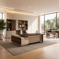 Bureau de direction en placage stratifié de qualité commerciale, ensemble de mobilier de bureau de luxe en forme de U, imperméable, avec armoire latérale et éclairage LED