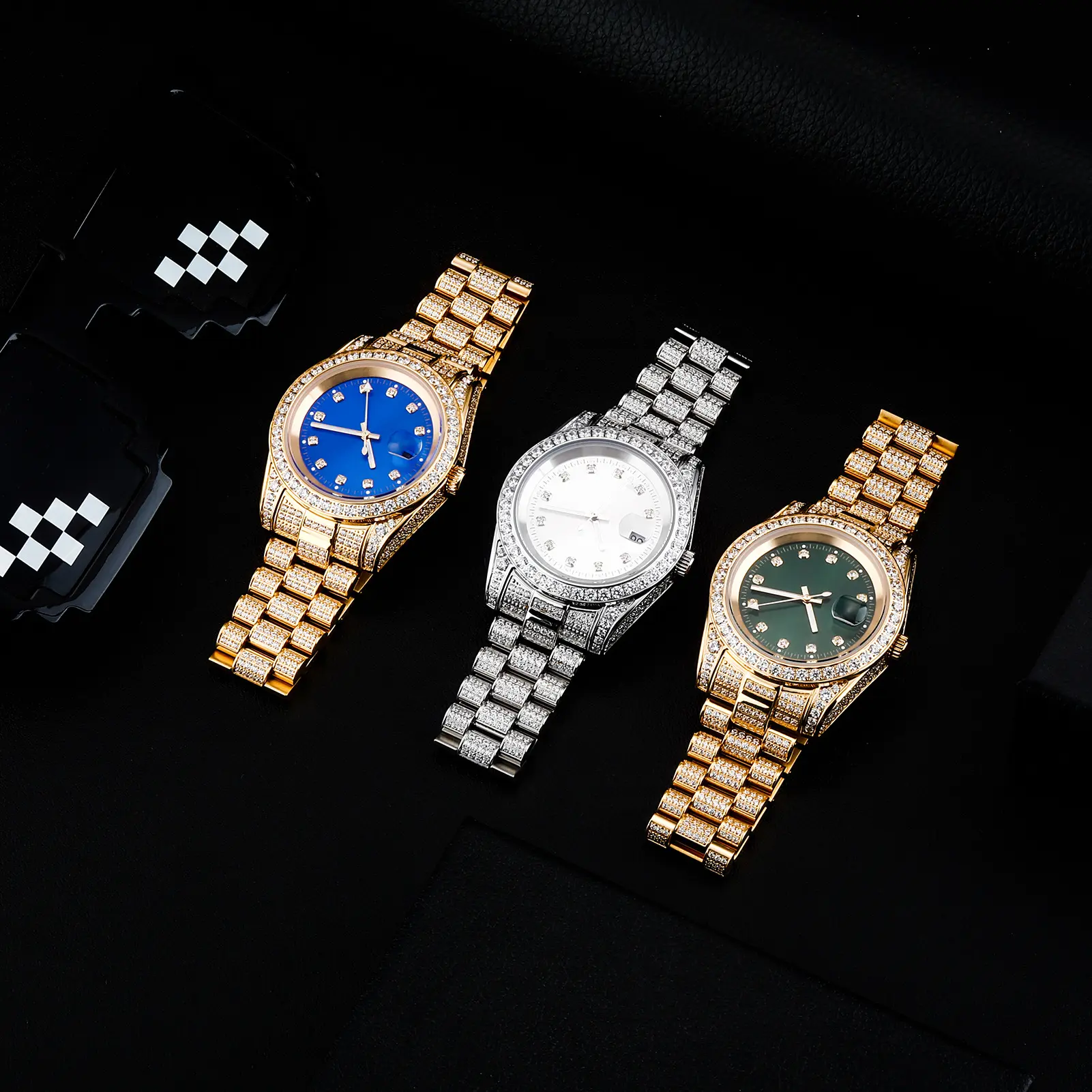Luxe Mannen Hiphop Roestvrij Staal Iced Bling Zirkoon Diamanten Grote Kleurrijke Wijzerplaat Quartz Horloge