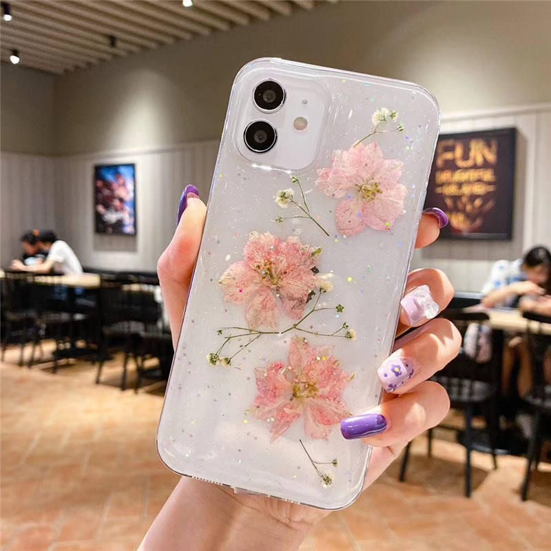 For iPhone Plus XR Xs 11 12 13Pro Max Silicone 3D Cell Phone Cases  Beautiful Real Dry Flower Mobile Back Covers