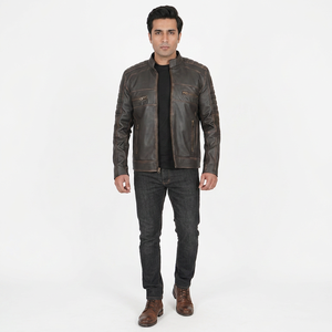 Factory Price High Quality Genuine <b>Leather</b> Cow Skin Men's Varsity <b>Jacket</b> Stand Vintage Style Hooded Multiple Colors Available - Product Image 1