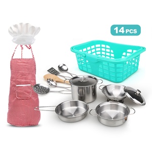Juego de cocina de acero inoxidable para niños, olla y sartén con delantal y cesta, 14 Uds. - Product Image 5