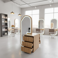 Station de coiffure en bois avec miroir LED et tiroirs, armoire miroir éclairée avec supports pour outils