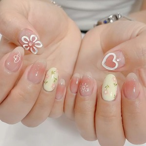 R947 <span class=keywords><strong>Cream</strong></span> Blush Starburst Floral Press on Nails Herbruikbare Volledige Dekking Kunstnagels Glansrijke Nude Nageltips 24 stuks - Product Image 1