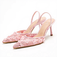 1235B-14 Sandale Compensée Rose Sexy à Bout Pointu et Glissière en Dentelle Respirante Fleurie, Maille pour Femme, Mode Été/Automne