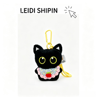 Breloque de sac en peluche chaton noir esthétique, porte-clés chat Kawaii, accessoires de sac à dos mignons pour filles avec tenue fraise tricotée