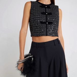 Gilet décontracté en laine courte pour femme - Haut en velours à nœud en tweed, lourdement orné de paillettes, col en V, imprimé en relief, mignon et exquis - Product Image 3