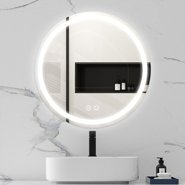 Home Bath Wall Mounted Round Dimmable Illuminated Anti Fog Bathroom Smart Mirror With Led Light