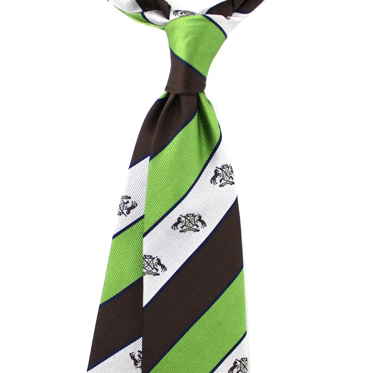 Green Brown White Fab Classic Stripe Allover Association Shield 100% Silk Jacquard Custom Woven Handmade Vintage Logo Ties Club
