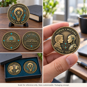 Pièces commémoratives personnalisées sur le thème de la collaboration humain-machine et de l'innovation numérique, finition bronze antique, cadeaux d'entreprise OEM ODM - Product Image 2