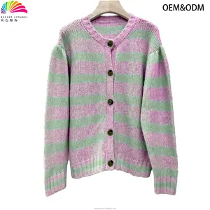 China Custom Wholesale Femme Wool Stripe Open Front Button Up Women's Knit Cardigan With Puffed Sleeves