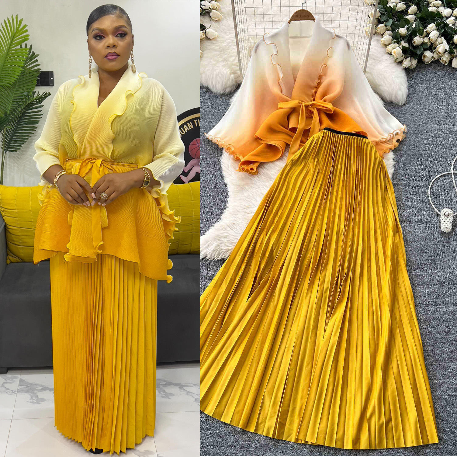 Newest Fashion Casual Party Pleated Plus Size Patchwork Color Two Pieces  Skirt Set Dress Clothings