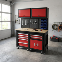 Banc de travail modulaire robuste en acier laminé à froid pour garage/atelier, avec panneau arrière perforé et armoires murales, revêtement poudré OBM, KD plat