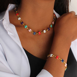 Hip Hop arc-en-ciel huile goutte à goutte nez <span class=keywords><strong>de</strong></span> cochon ensembles <span class=keywords><strong>de</strong></span> bijoux perlés 18K plaqué or en acier inoxydable collier <span class=keywords><strong>de</strong></span> grains <span class=keywords><strong>de</strong></span> <span class=keywords><strong>café</strong></span> ensembles <span class=keywords><strong>de</strong></span> bracelets - Product Image 1