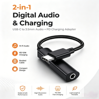Adaptateur audio Type C vers 3,5 mm avec charge rapide PD3.0, sortie DC UAC1.0, accessoire pour ordinateur portable, smartphone, bureau