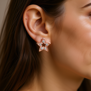 Pendientes de estrella de oro rosa con cristales de imitación y engaste de cristal, aleación de zinc, joyería de moda unisex E313 - Product Image 2