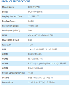DOP-100 ซีรีส์ HMI DOP-112WX หน้าจอสัมผัส TFT ขนาด 12 นิ้วอีเธอร์เน็ตคู่อินเทอร์เฟซระหว่างมนุษย์และเครื่องจักรอุตสาหกรรม - Product Image 2