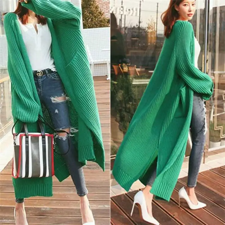 Top Phụ Nữ Hàn Quốc Dệt Kim Len Dài Cardigans Giản Dị Lỏng Chia Maxi Áo Khoác Dài Tay Áo Đan Áo Len Áo Mở Phía Trước Cardigan