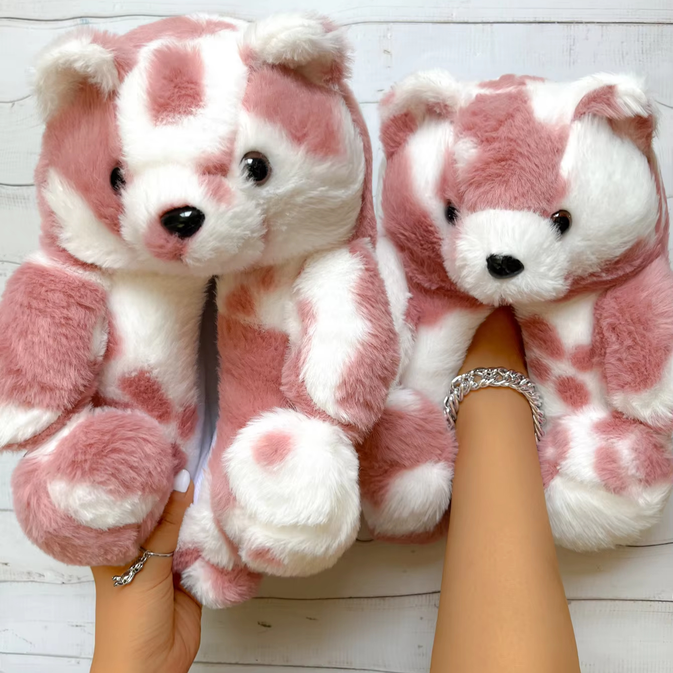 Furry Slippers Bear Slippers Womens Teddy Bear Mule Slippers Boux