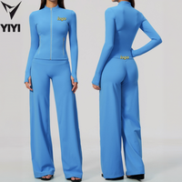 Dames Yoga Sport 2-delige set met ritsjas en wijde pijpen broek Gym Pilates Running Fitness Kleding Activewear Sets Aangepaste logo's
