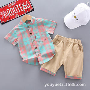 Commerce extérieur Style coréen tenue d'été enfants garçons filles à la mode deux pièces décontracté chemise en coton à manches courtes ensemble Plaid Stand - Product Image 3