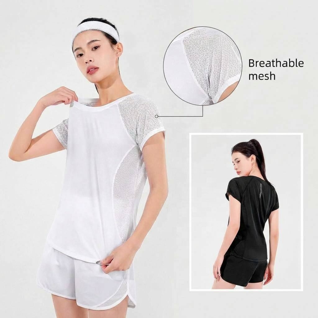 Women Athletic T-shirt Loose-fit Mesh Breathable Casual Quick-drying Short-sleeve Running Yoga Top Thin for Summer Sports Wear