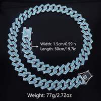 Chaîne cubaine en alliage de zinc de 15 mm, forme losange, style hip-hop, avec fermoir entièrement orné de strass bleus, collier pour homme, vente en gros