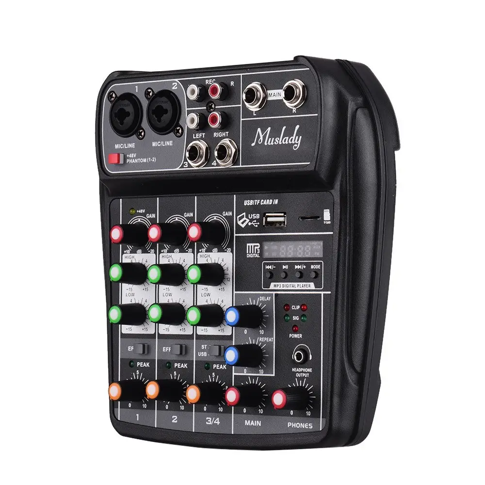 Muslady AI-4 Mikser Kompak Audio Digital, Mixer Audio Digital 4 Saluran BT MP3 Input USB + Daya Phantom 48V untuk Perekaman Musik Jaring DJ