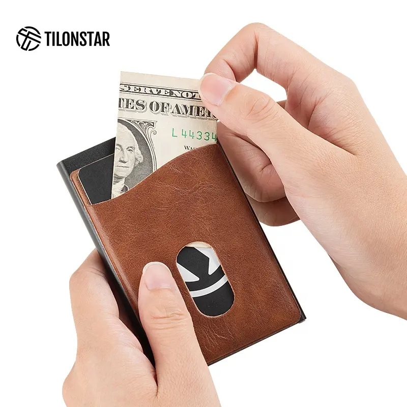 Porte-cartes de crédit en cuir pour hommes, technologie du Aluminium avancé, minimaliste, RFID, portefeuille avec carte Pop-Up
