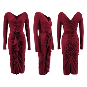 เดรสยาวแขนยาวคอวีลายกุหลาบ ดีไซน์เซ็กซี่สำหรับผู้หญิง แฟชั่นกระโปรงจีบ - Product Image 6