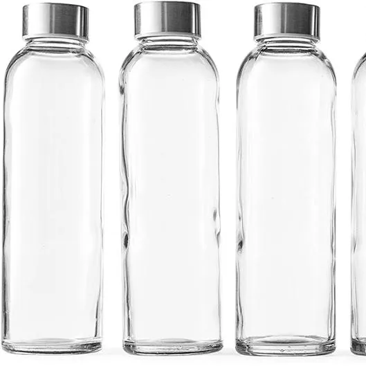 Reihey Glass Water Bottles Glass Drinking Bottle with Protection Sleeve Juice Bottles with Stainless Steel Leak Proof Lids