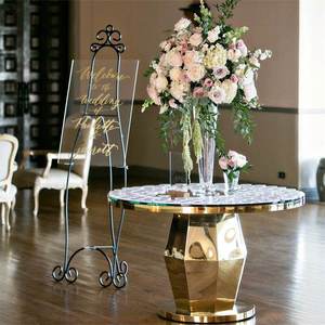 SMOOTH Luxurious Modern Wedding Hotel Dining Diamond Base <b>Gold</b> Stainless Steel <b>Round</b> Cake <b>Table</b> with White Glass Top - Product Image 6
