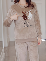 Pyjama d'hiver thermique en flanelle pour femme, 100 % polyester, 220 g, uni, ODM, avec cordon de serrage, col lisse, tricot doux, taille mi-haute, long