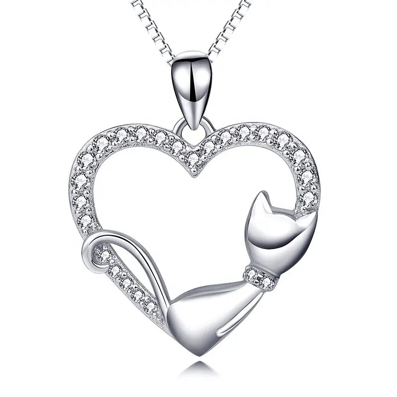 Sterling Silver 925 Romantic Cute Animal Heart Cat Pendant Necklace for Women 925 Jewelry Silver Necklace