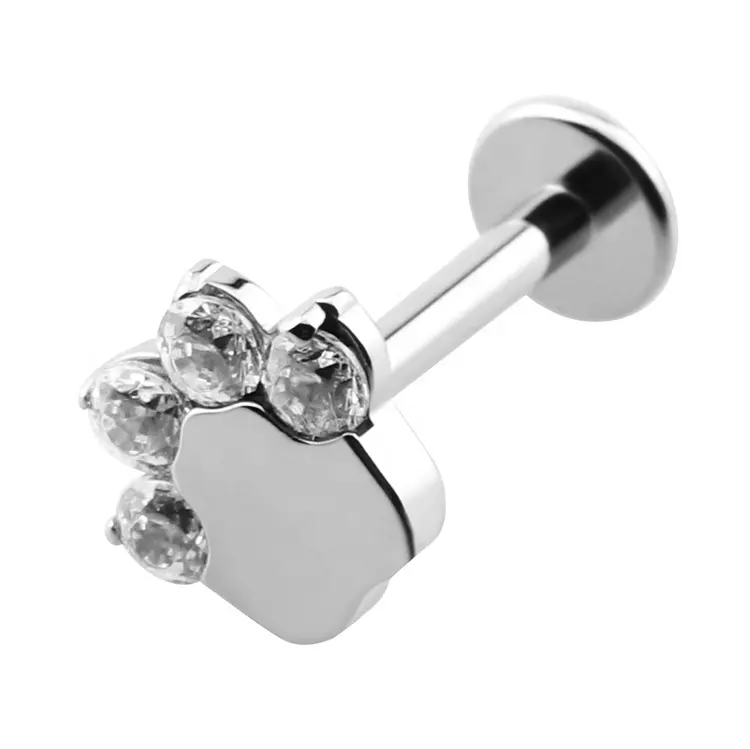 G23 titane fileté intérieur en forme de patte de chat Zircon Labret anneaux d'oreille Cartilage Tragus haltère Piercing bijoux