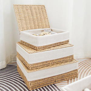 Paniers cadeaux <span class=keywords><strong>en</strong></span> papier <span class=keywords><strong>avec</strong></span> <span class=keywords><strong>couvercle</strong></span> <span class=keywords><strong>en</strong></span> osier rangement plat <span class=keywords><strong>en</strong></span> <span class=keywords><strong>rotin</strong></span> bacs de rangement tissé organisateur boîte pour étagère placard chambre - Product Image 6