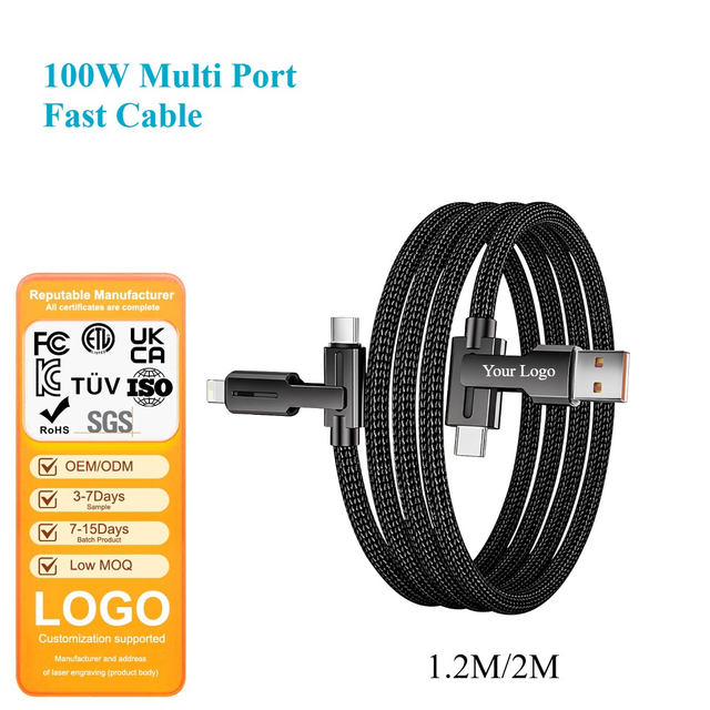 Super Fast 100W 4-in-1 USB Type-C 8-Pin Cable Braided Nylon for Stable Data Sync Charging for EU/UK/US/AU Plug Charger Universal