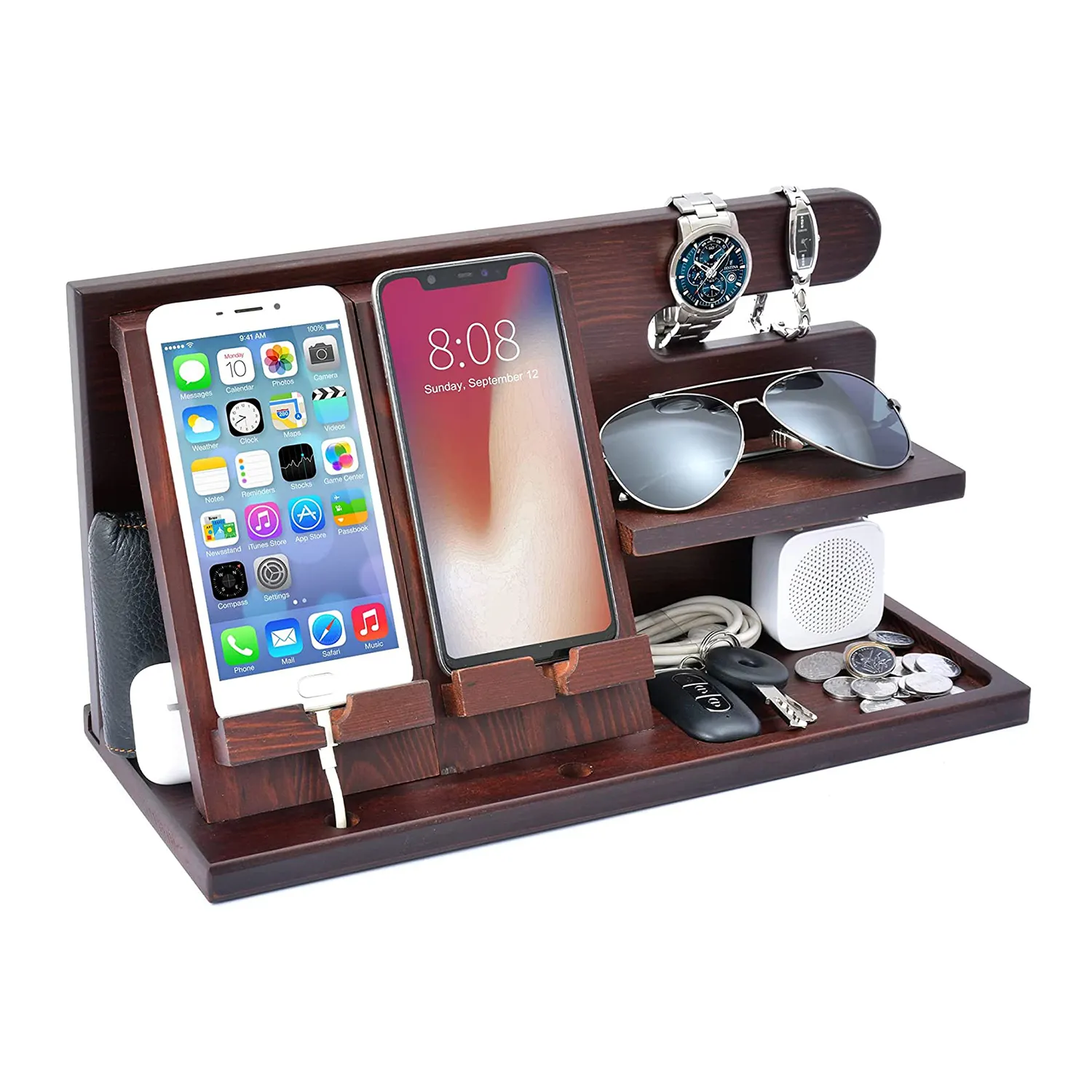 Wood Phone Docking Station for Men Wooden Cell Phone Holder Wallet Watch Stand Organizer