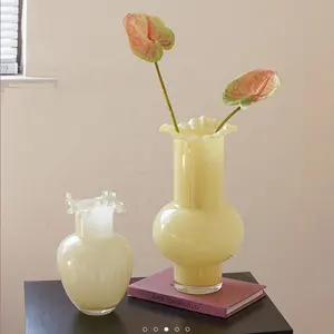 Bixuan Handblown Butter Color Glass Vase Water Drops Sea Wave Open Design Ripples Petal Shape Table Decor Centerpiece Vases